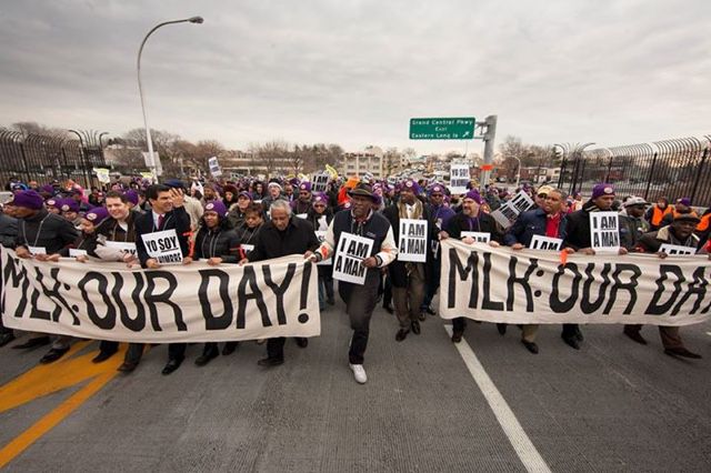 Airline workers marching with SEIU 32BJ in January 2015